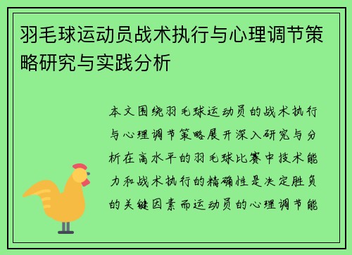 羽毛球运动员战术执行与心理调节策略研究与实践分析