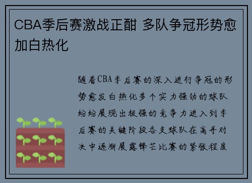CBA季后赛激战正酣 多队争冠形势愈加白热化