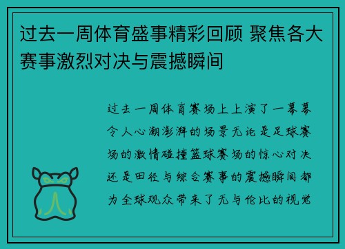 过去一周体育盛事精彩回顾 聚焦各大赛事激烈对决与震撼瞬间