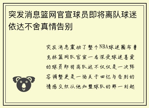 突发消息篮网官宣球员即将离队球迷依达不舍真情告别